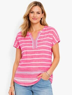 Talbots Striped Linen Split Neck Short Sleeve Top Blouse Pink White Blue S